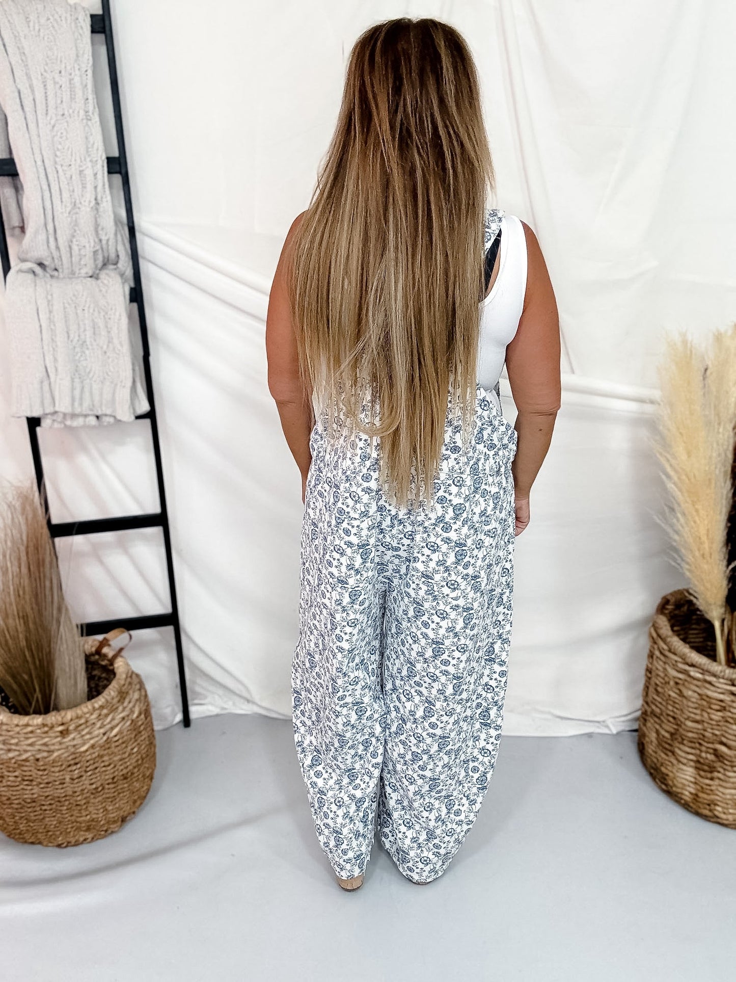 White & Blue Floral Print Denim Overalls With Barrel Legs - Whiskey Skies - ODDI