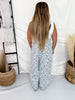 White & Blue Floral Print Denim Overalls With Barrel Legs - Whiskey Skies - ODDI
