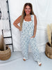 White & Blue Floral Print Denim Overalls With Barrel Legs - Whiskey Skies - ODDI