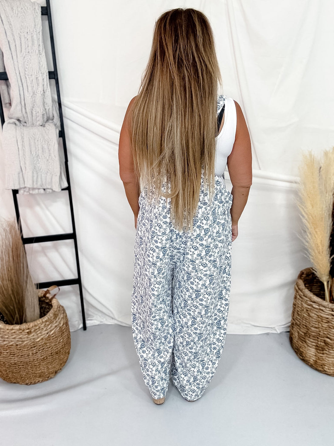 White & Blue Floral Print Denim Overalls With Barrel Legs - Whiskey Skies - ODDI