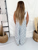 White & Blue Floral Print Denim Overalls With Barrel Legs - Whiskey Skies - ODDI