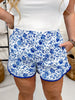 White & Blue Floral Print Elastic Waist Shorts - Whiskey Skies - SOUTHERN GRACE
