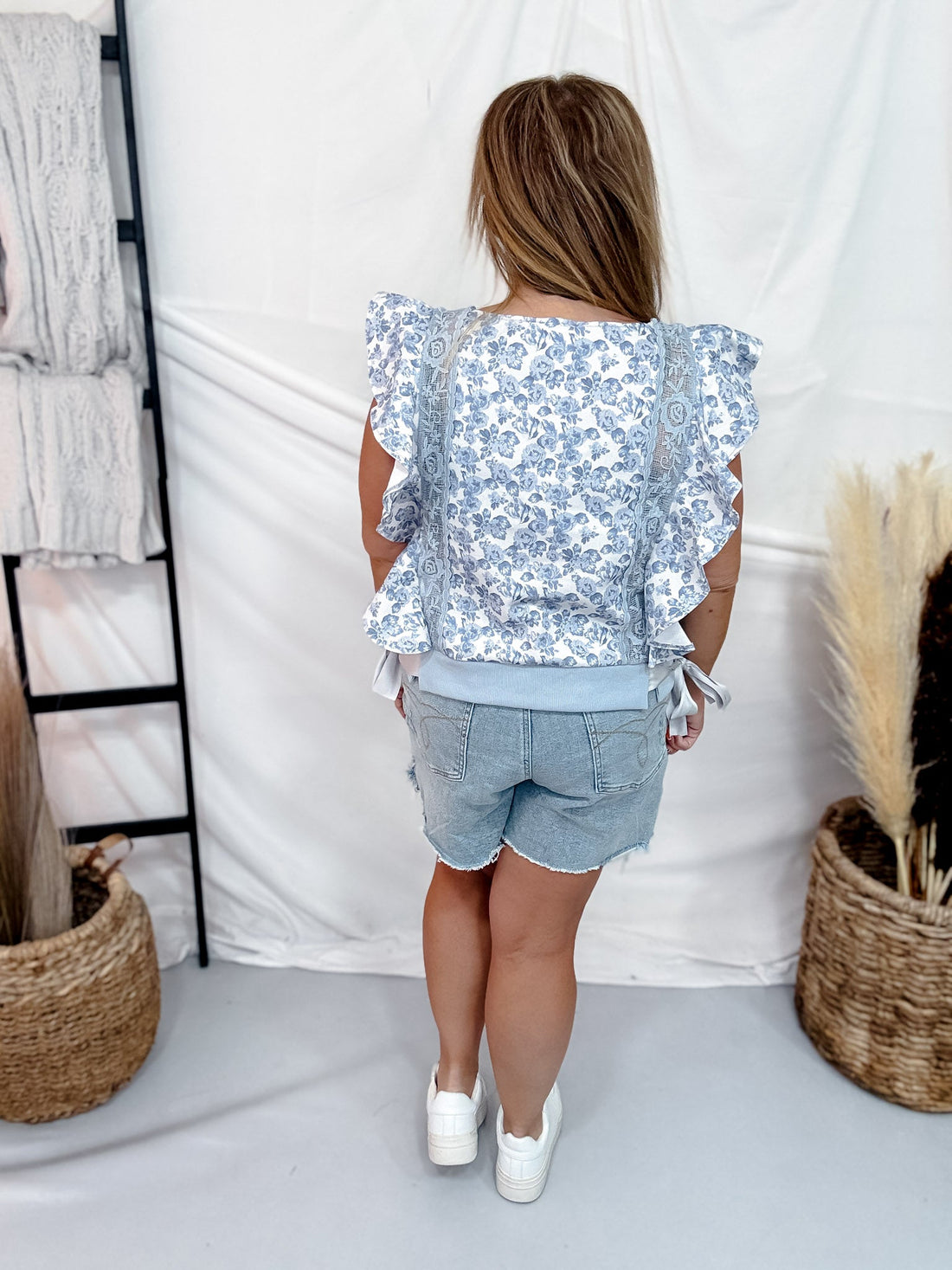 White & Blue Floral Print Ruffle Top With Side Bow Ties - Whiskey Skies - BIBI