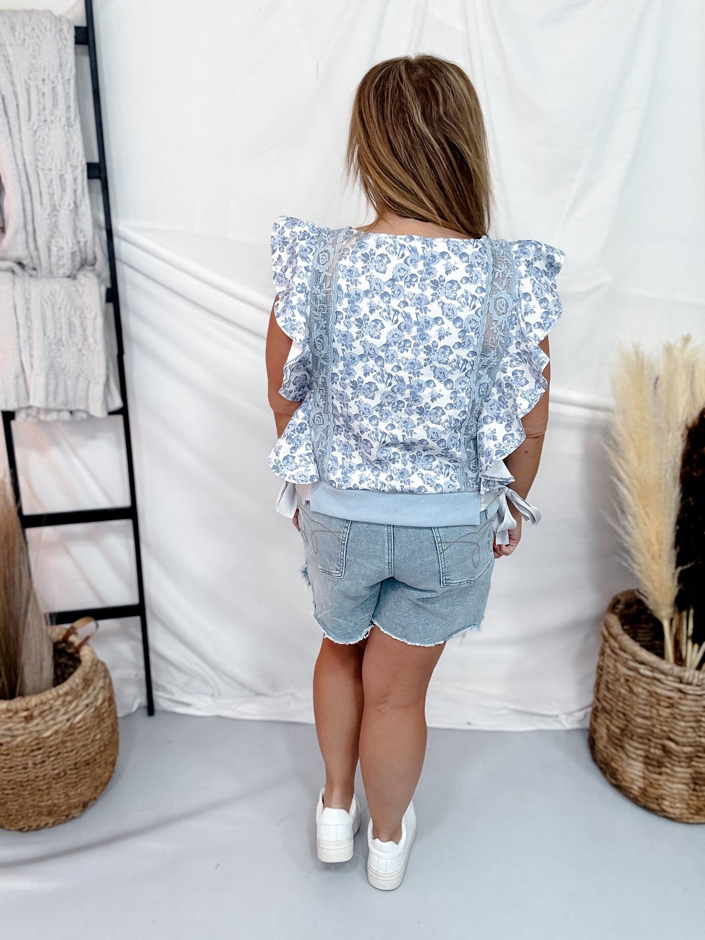 White & Blue Floral Print Ruffle Top With Side Bow Ties - Whiskey Skies - BIBI