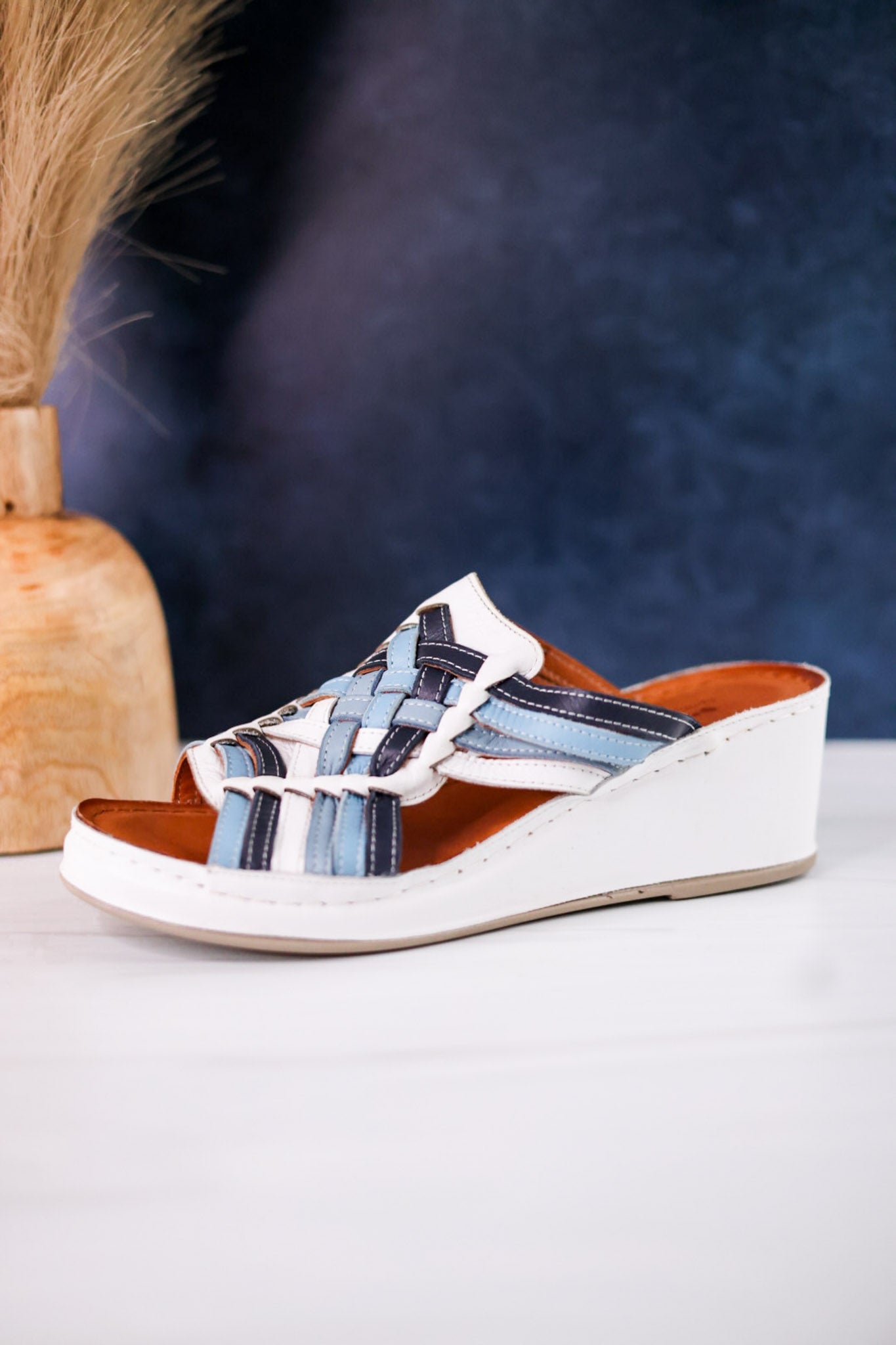 White & Blue Nokiah Wedge Sandals - Whiskey Skies - SPRING FOOTWEAR