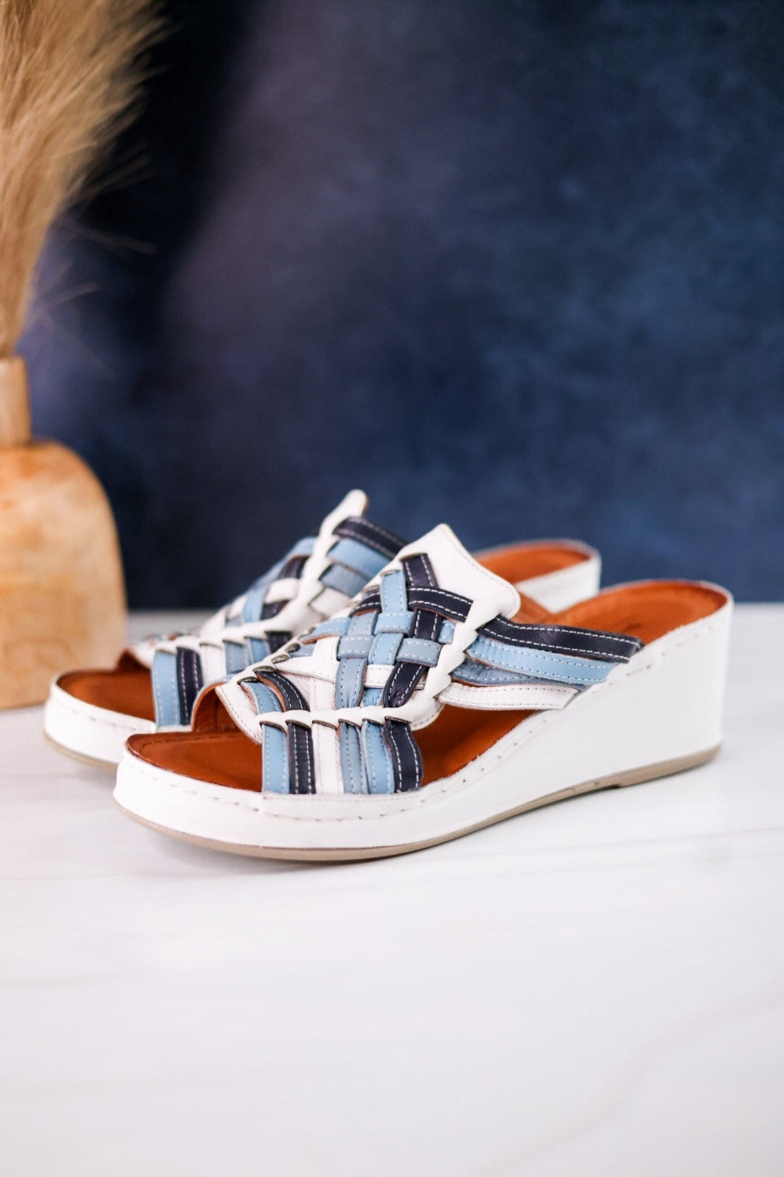 White & Blue Nokiah Wedge Sandals - Whiskey Skies - SPRING FOOTWEAR