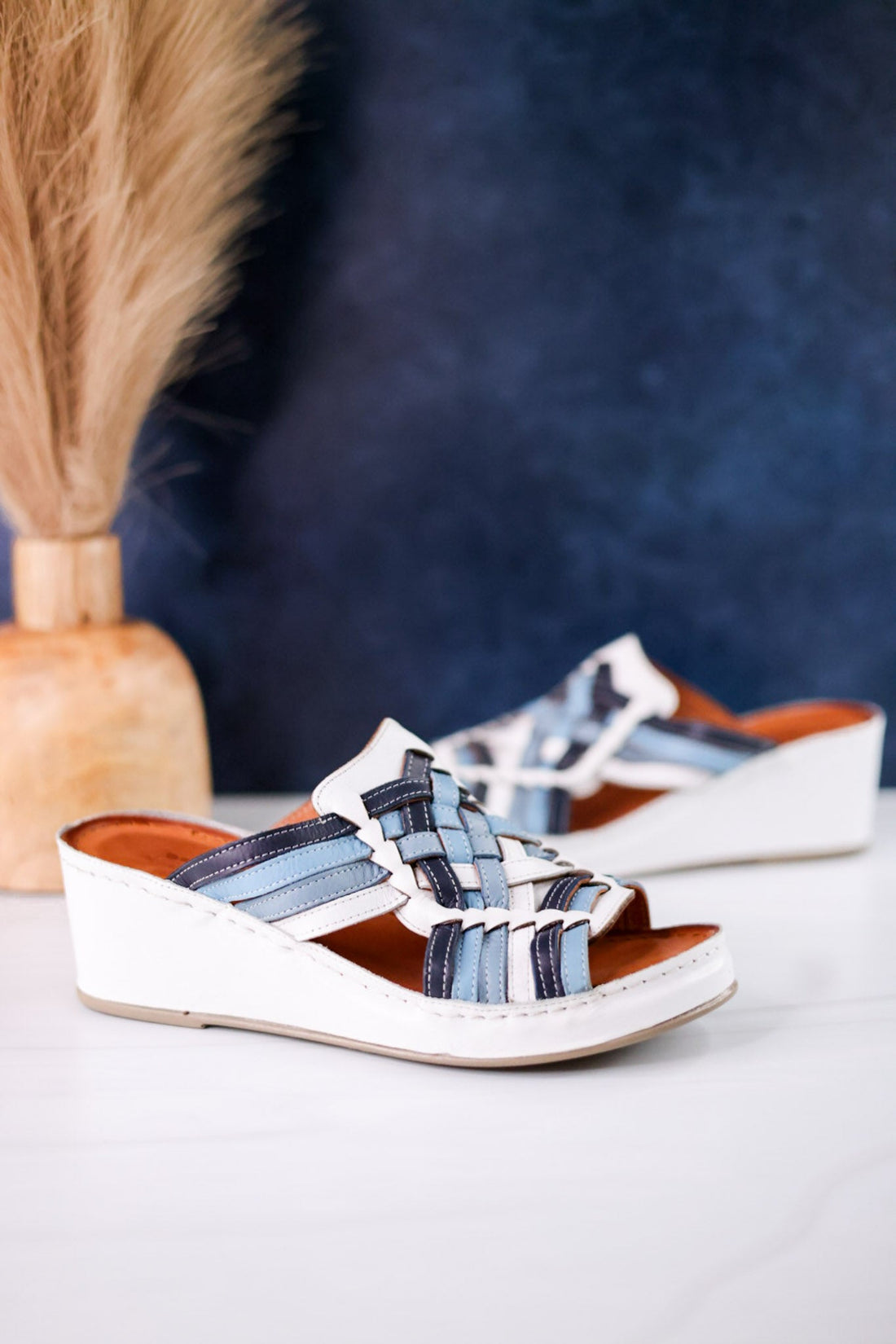 White & Blue Nokiah Wedge Sandals - Whiskey Skies - SPRING FOOTWEAR