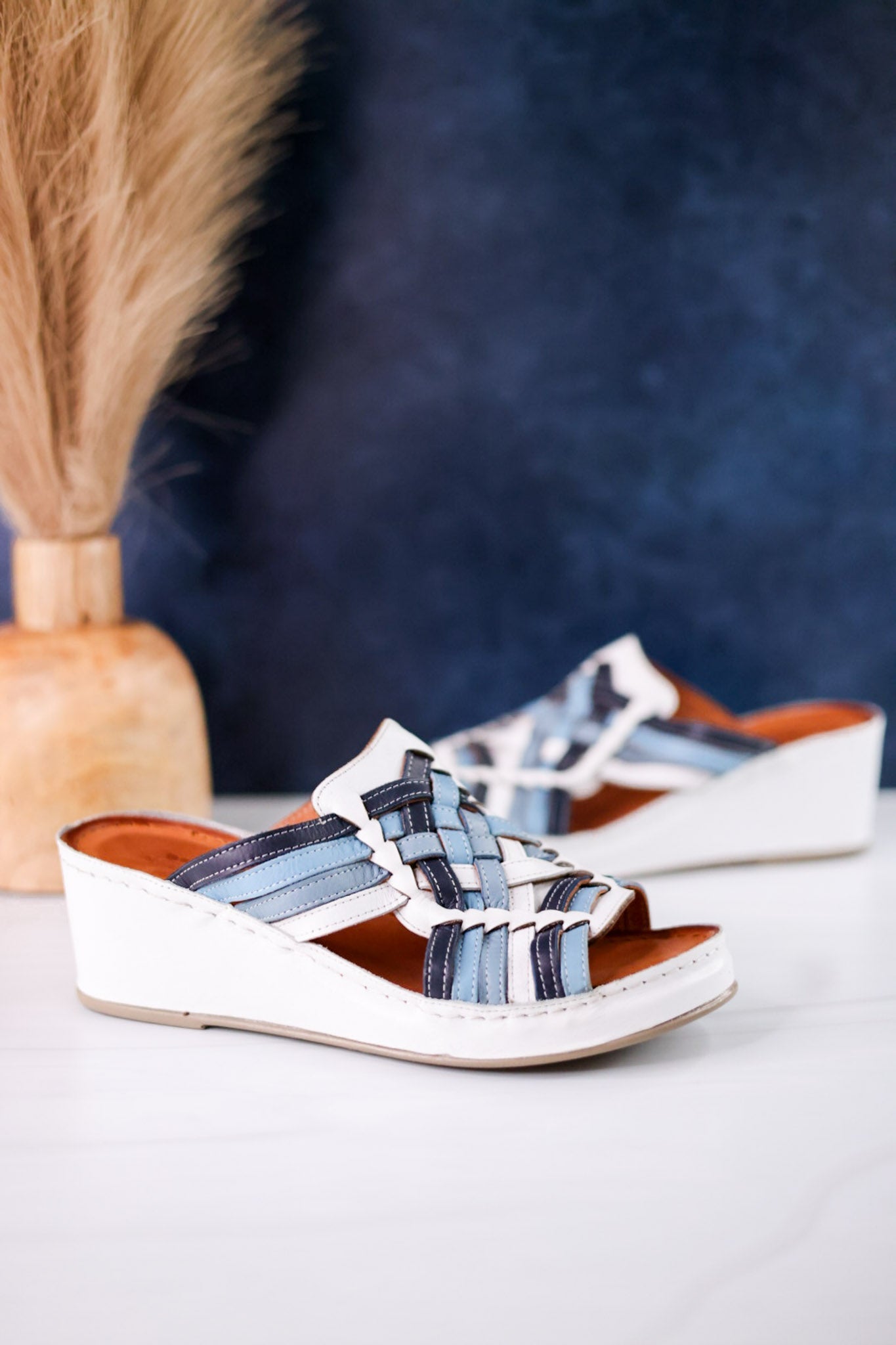 White & Blue Nokiah Wedge Sandals - Whiskey Skies - SPRING FOOTWEAR