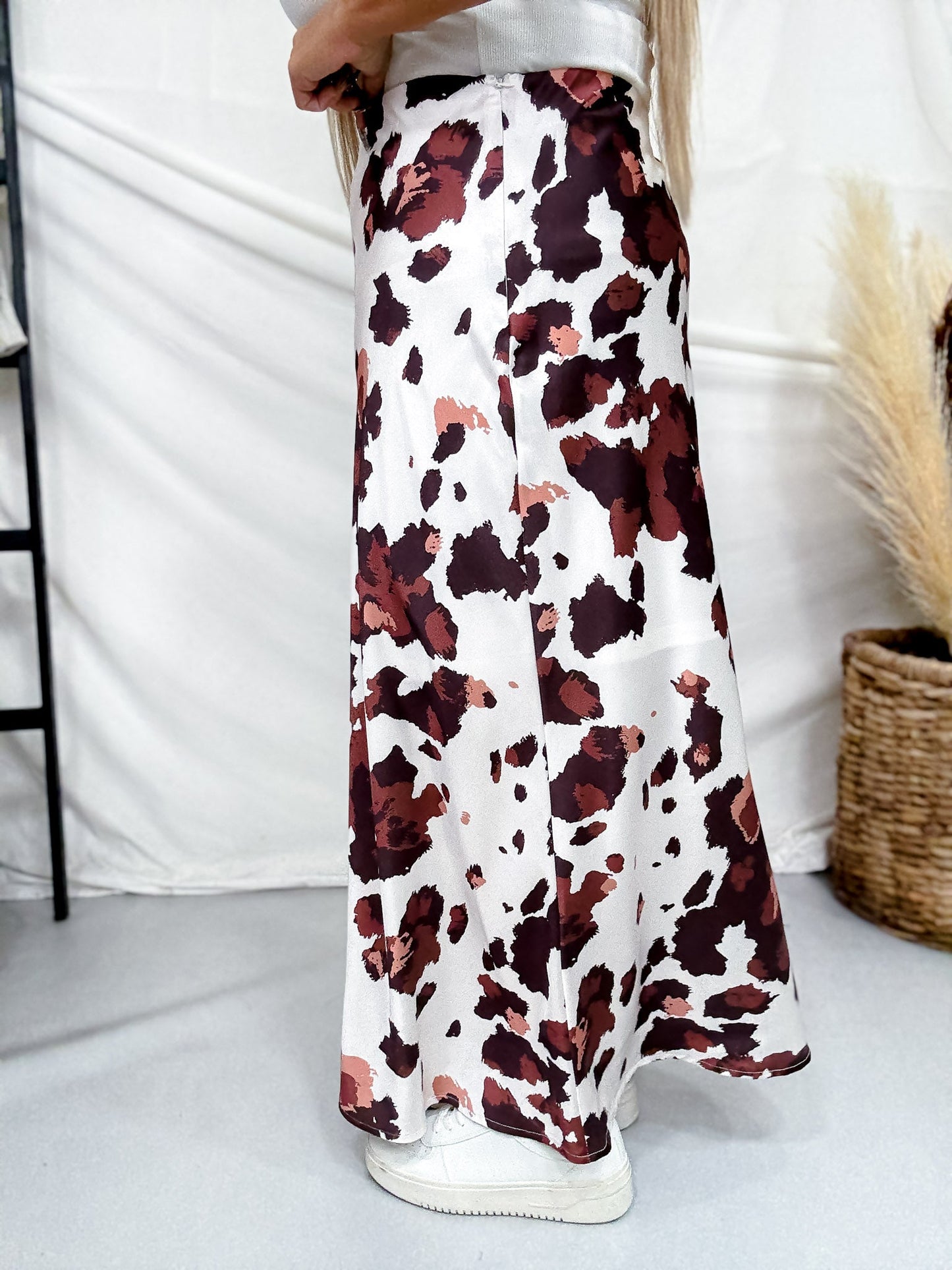 White & Brown Cow Print Satin Maxi Skirt - Whiskey Skies - DAVI & DANI