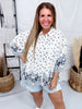 White Button Front Blouse With Blue Mixed Floral Print - Whiskey Skies - EASEL