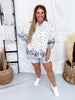 White Button Front Blouse With Blue Mixed Floral Print - Whiskey Skies - EASEL