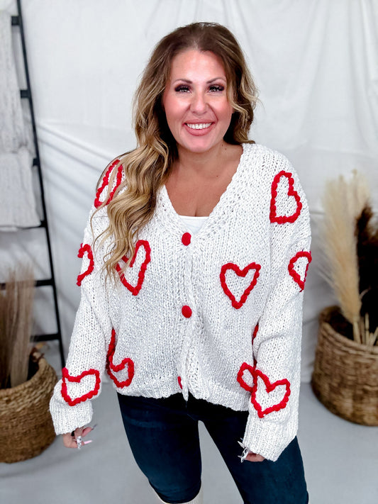 White Button Front Cardigan With Red Hearts - Whiskey Skies - DAVI & DANI