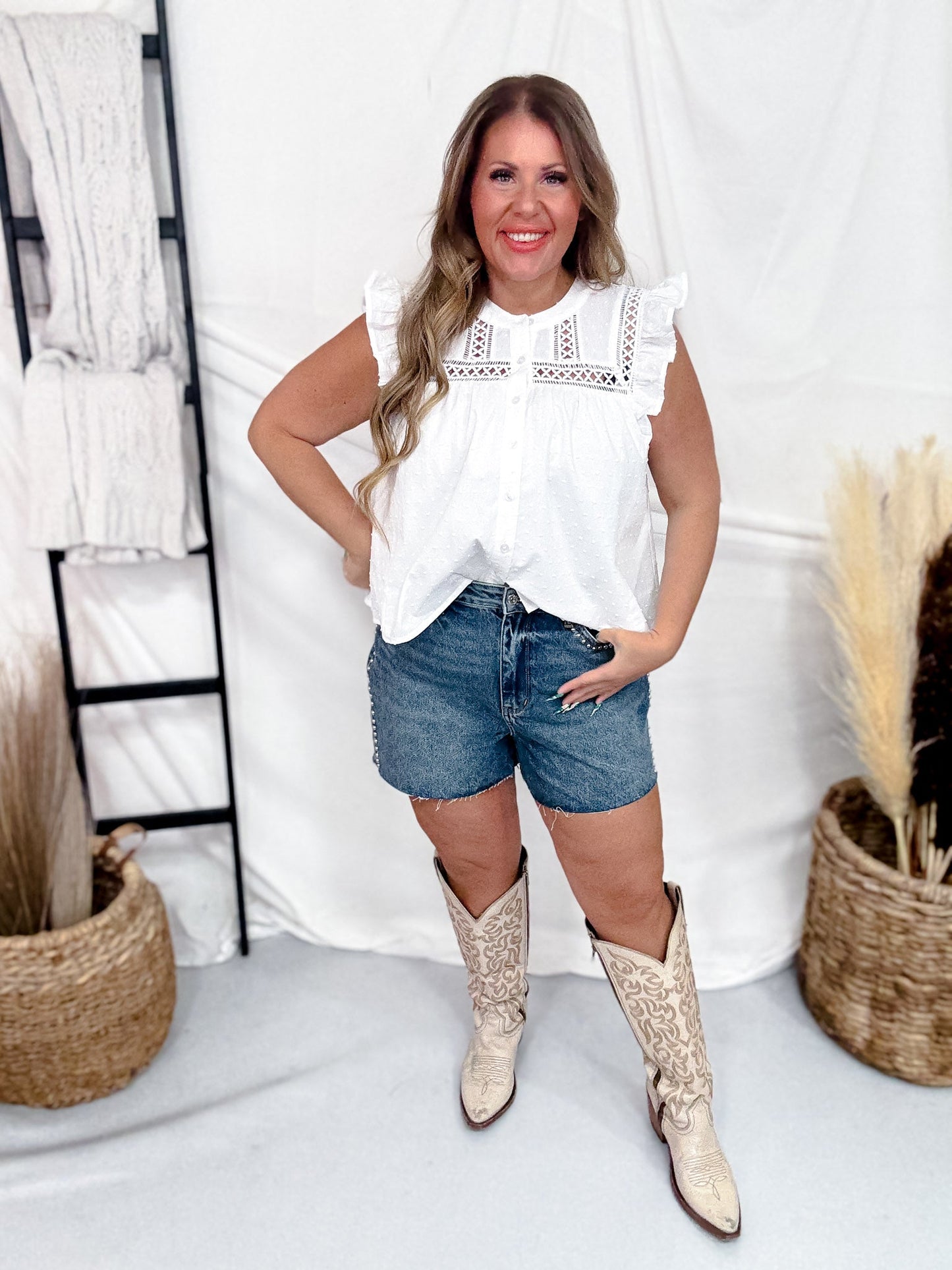 White Button Front Top With Lace Yoke & Ruffled Sleeves - Whiskey Skies - WHITE BIRCH