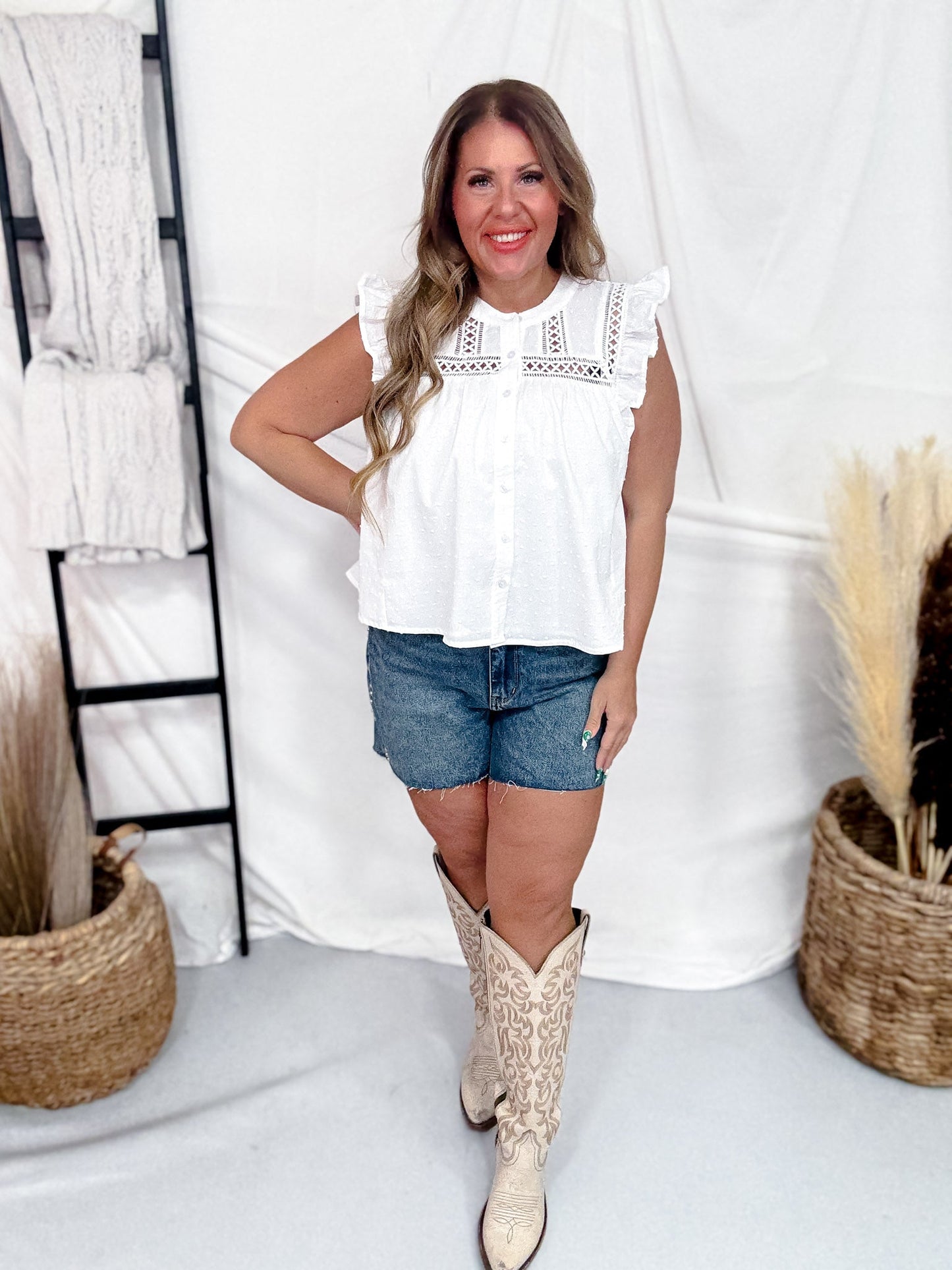 White Button Front Top With Lace Yoke & Ruffled Sleeves - Whiskey Skies - WHITE BIRCH