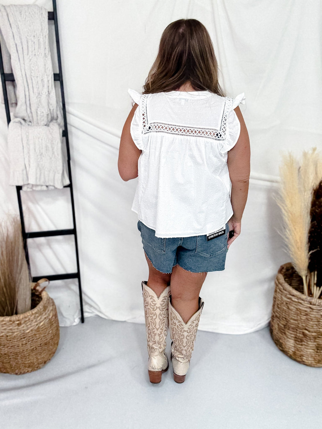 White Button Front Top With Lace Yoke & Ruffled Sleeves - Whiskey Skies - WHITE BIRCH