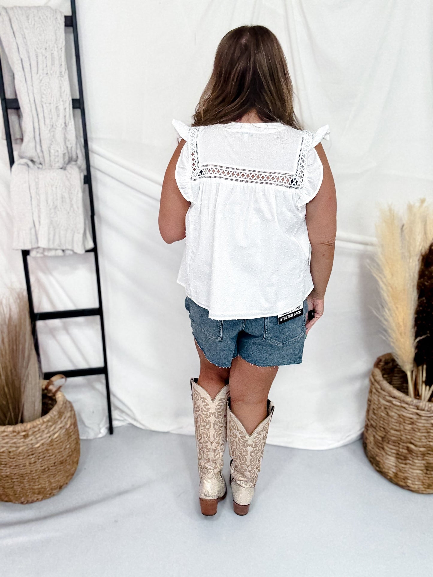 White Button Front Top With Lace Yoke & Ruffled Sleeves - Whiskey Skies - WHITE BIRCH
