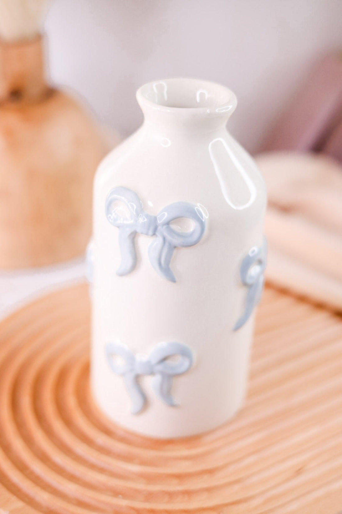 White Ceramic Bud Vase With Blue Bow Pattern - Whiskey Skies - MUD PIE