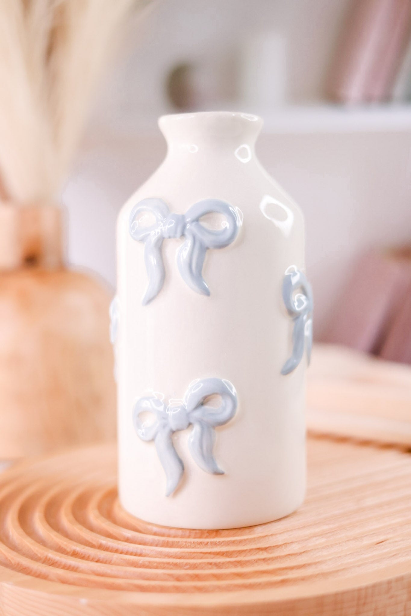 White Ceramic Bud Vase With Blue Bow Pattern - Whiskey Skies - MUD PIE