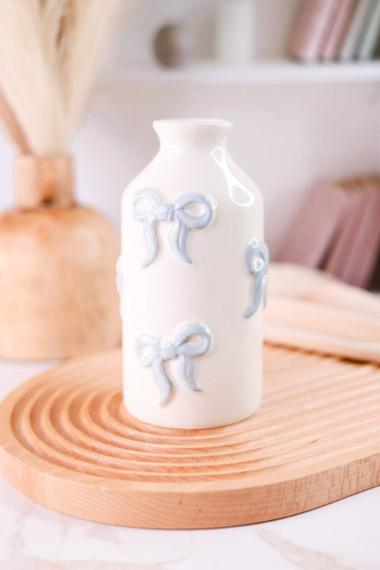 White Ceramic Bud Vase With Blue Bow Pattern - Whiskey Skies - MUD PIE