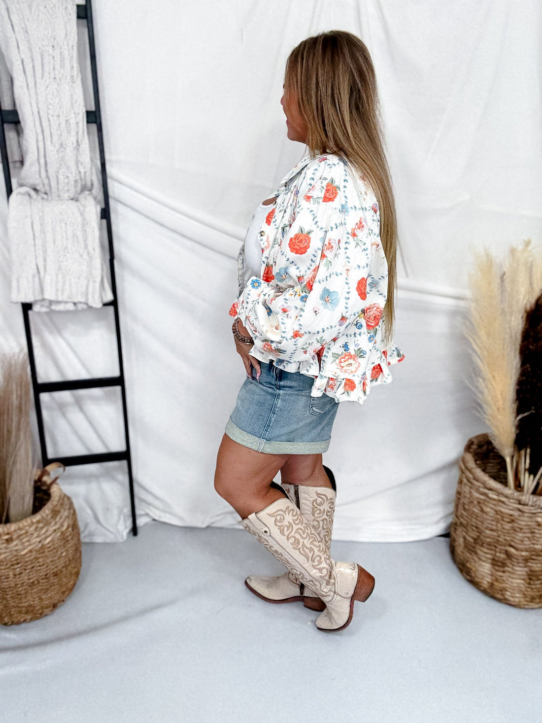 White Denim Button Front Ruffle Hem Top With Antique Floral Print - Whiskey Skies - BIBI