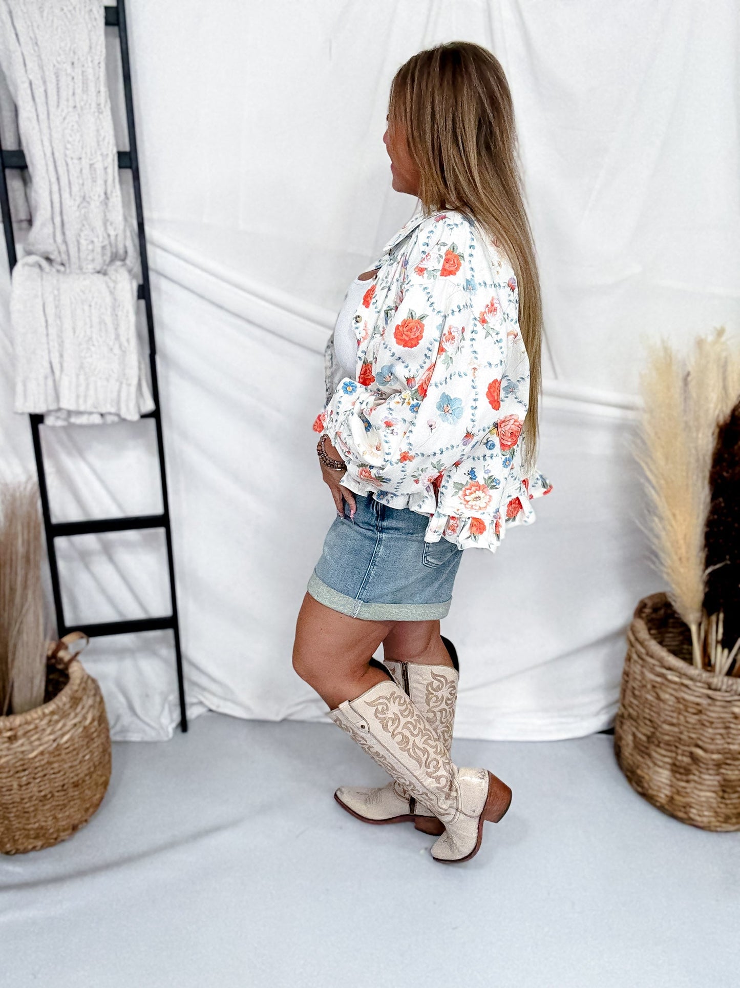 White Denim Button Front Ruffle Hem Top With Antique Floral Print - Whiskey Skies - BIBI