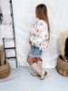 White Denim Button Front Ruffle Hem Top With Antique Floral Print - Whiskey Skies - BIBI