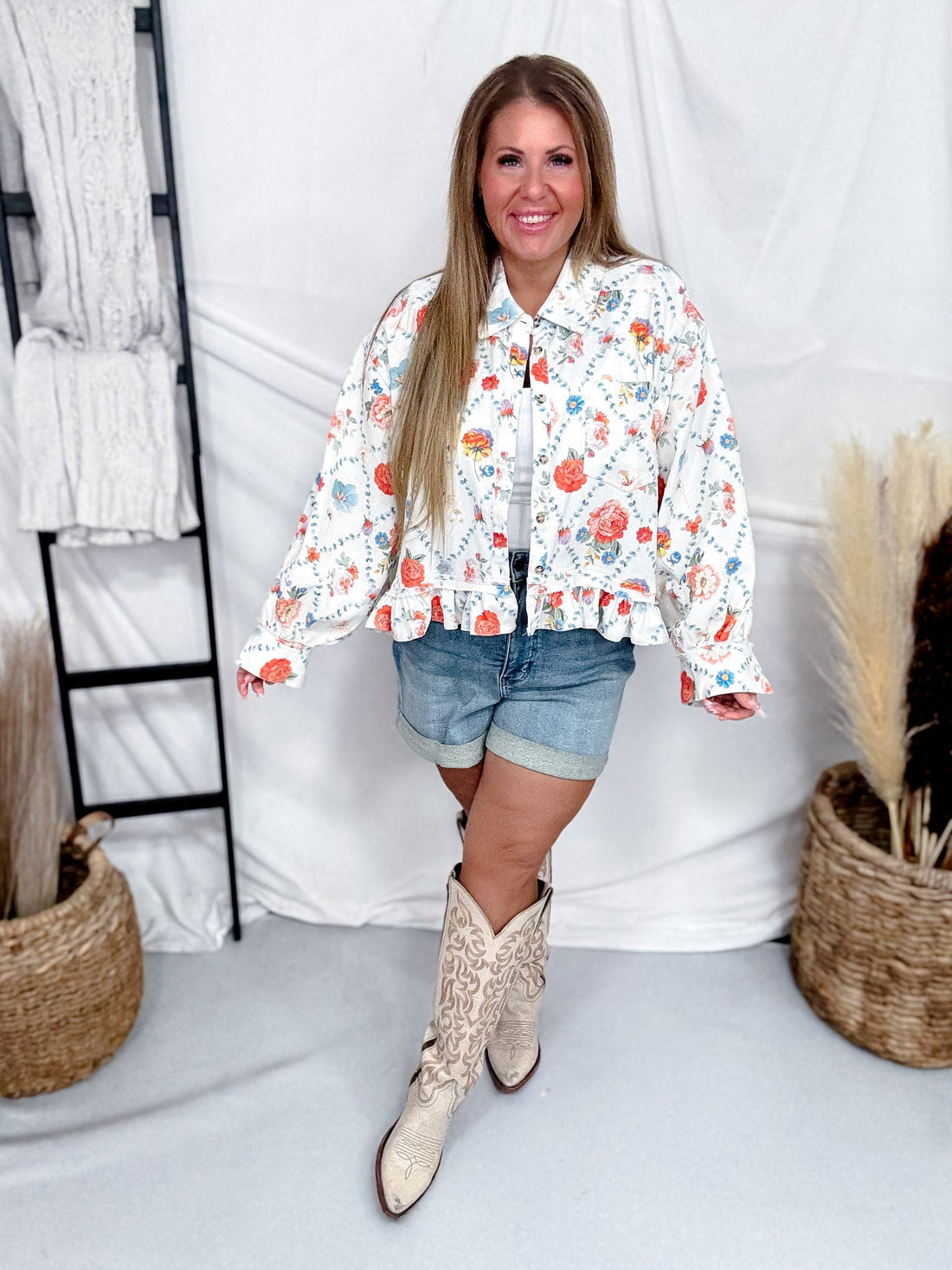 White Denim Button Front Ruffle Hem Top With Antique Floral Print - Whiskey Skies - BIBI