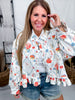White Denim Button Front Ruffle Hem Top With Antique Floral Print - Whiskey Skies - BIBI