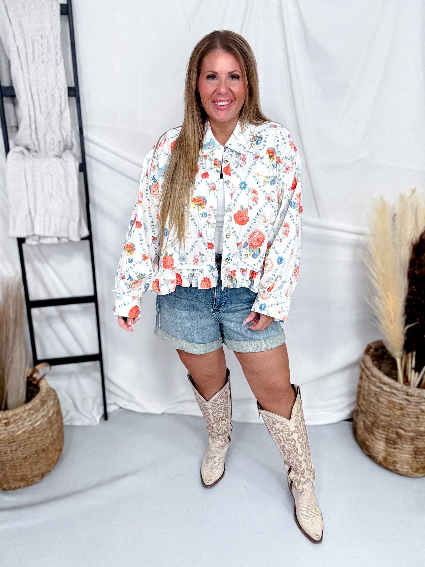 White Denim Button Front Ruffle Hem Top With Antique Floral Print - Whiskey Skies - BIBI