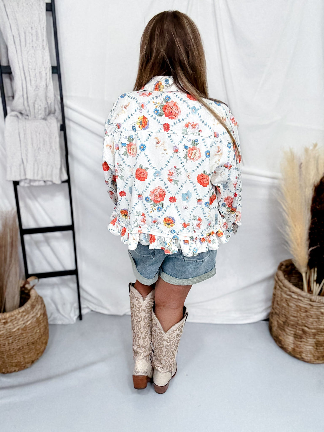 White Denim Button Front Ruffle Hem Top With Antique Floral Print - Whiskey Skies - BIBI