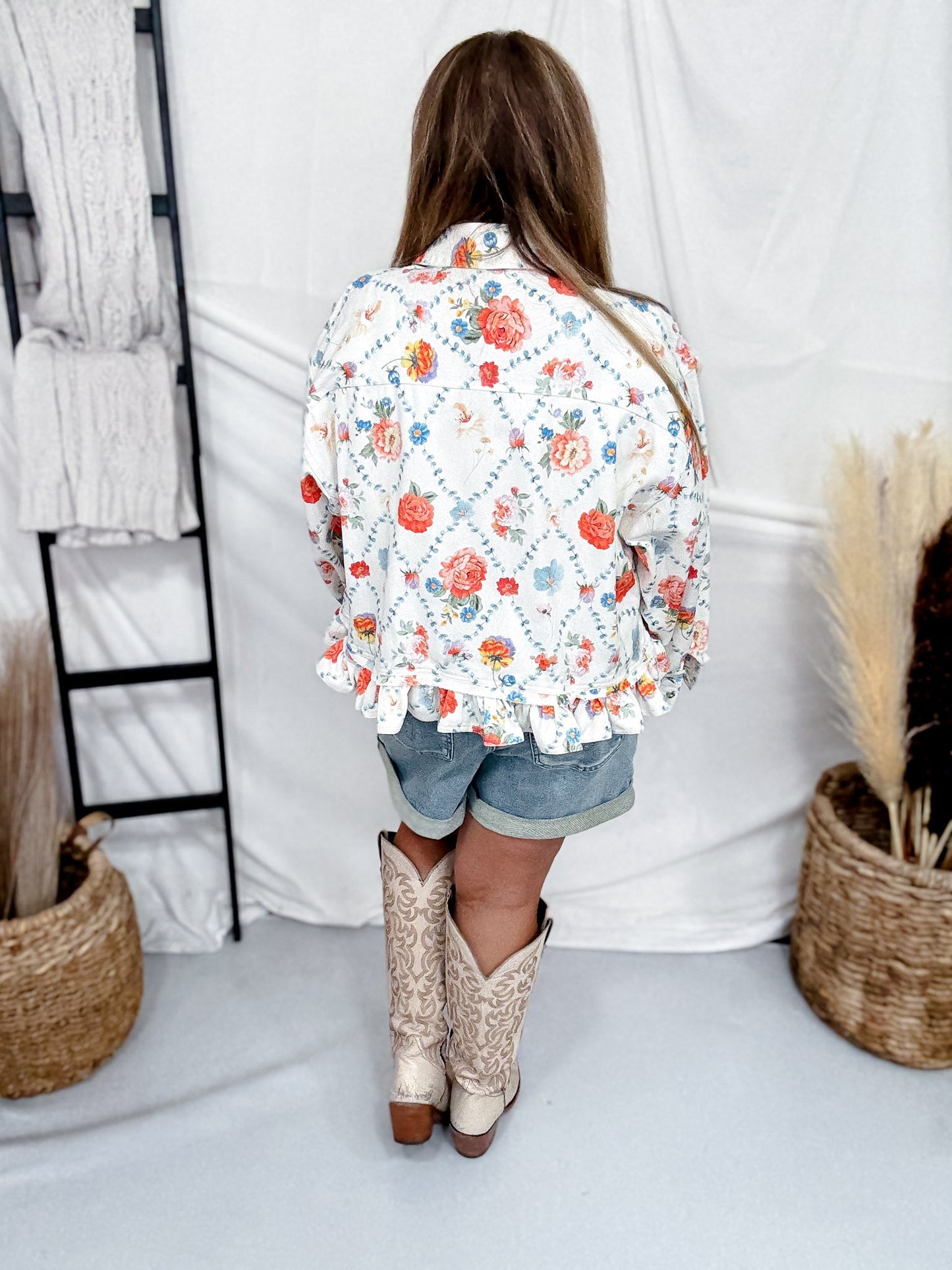 White Denim Button Front Ruffle Hem Top With Antique Floral Print - Whiskey Skies - BIBI