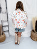 White Denim Button Front Ruffle Hem Top With Antique Floral Print - Whiskey Skies - BIBI