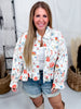 White Denim Button Front Ruffle Hem Top With Antique Floral Print - Whiskey Skies - BIBI