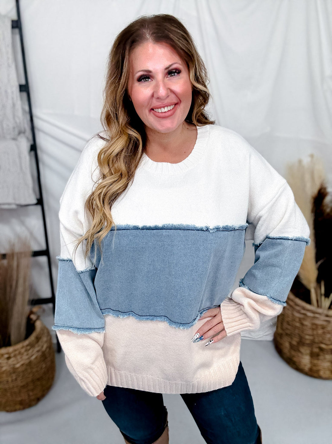 White & Denim Mixed Fabric Striped Sweatshirt - Whiskey Skies - JADE BY JANE