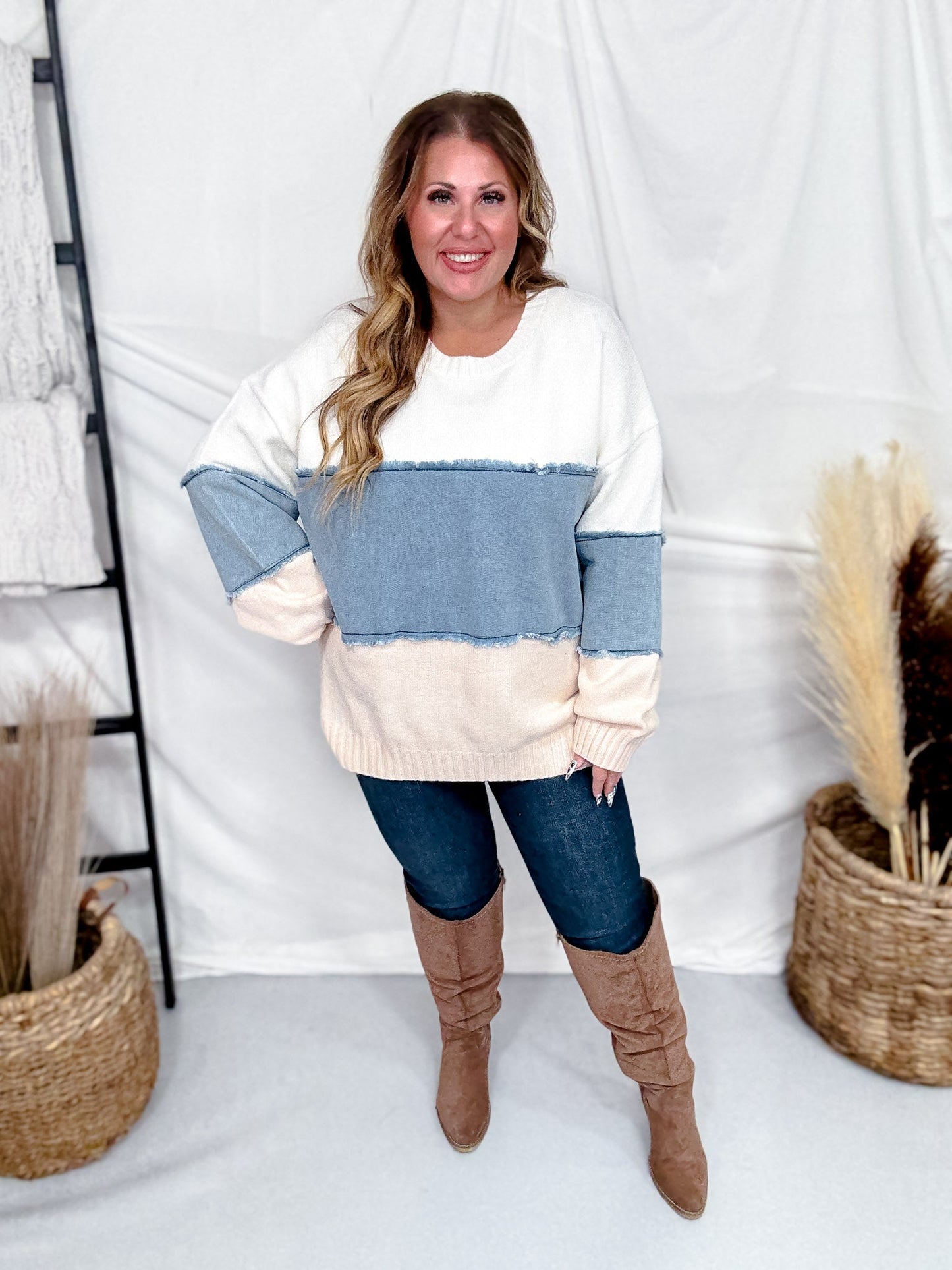 White & Denim Mixed Fabric Striped Sweatshirt - Whiskey Skies - JADE BY JANE