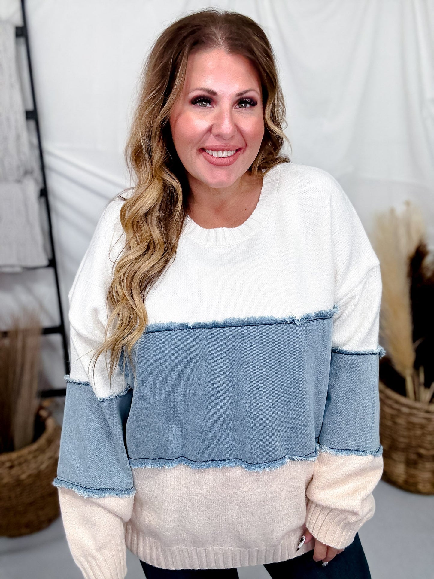 White & Denim Mixed Fabric Striped Sweatshirt - Whiskey Skies - JADE BY JANE