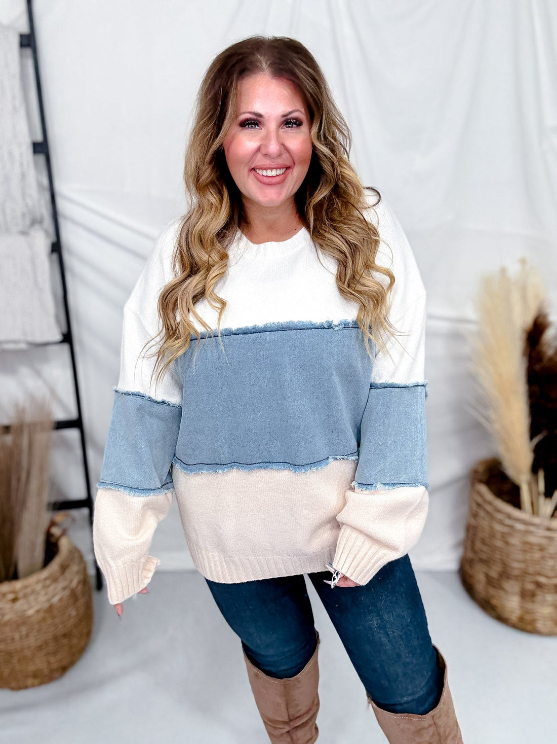 White & Denim Mixed Fabric Striped Sweatshirt - Whiskey Skies - JADE BY JANE