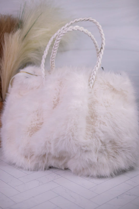 White Faux Fur Tote with Braided Straps - Whiskey Skies - COCO + CARMEN