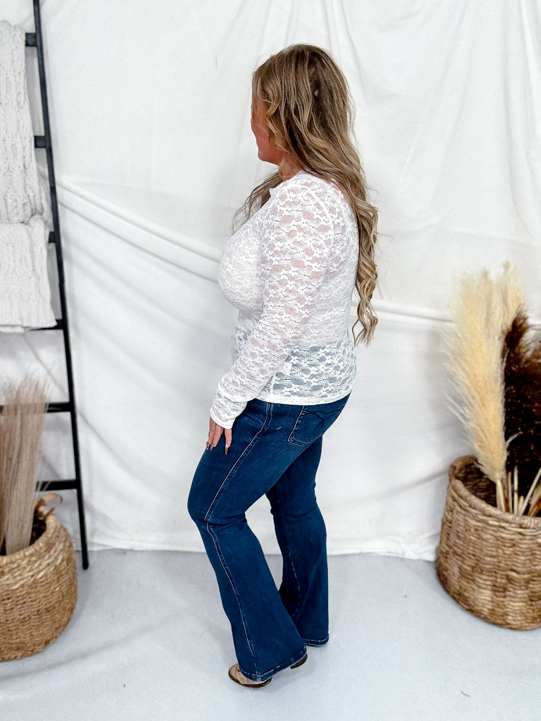 White Floral Lace Top With Rhinestone Accents - Whiskey Skies - WHITE BIRCH