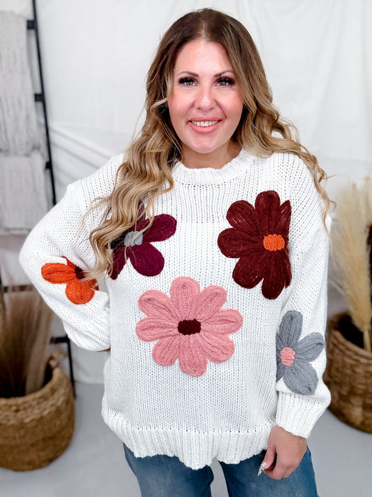 White Floral Warm Fall Floral Stitched Sweater - Whiskey Skies - KATYDID