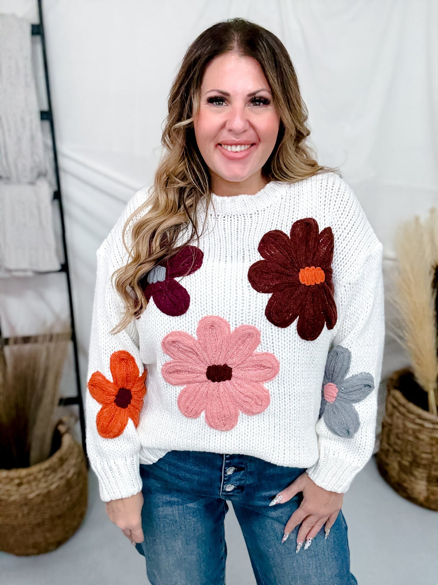 White Floral Warm Fall Floral Stitched Sweater - Whiskey Skies - KATYDID