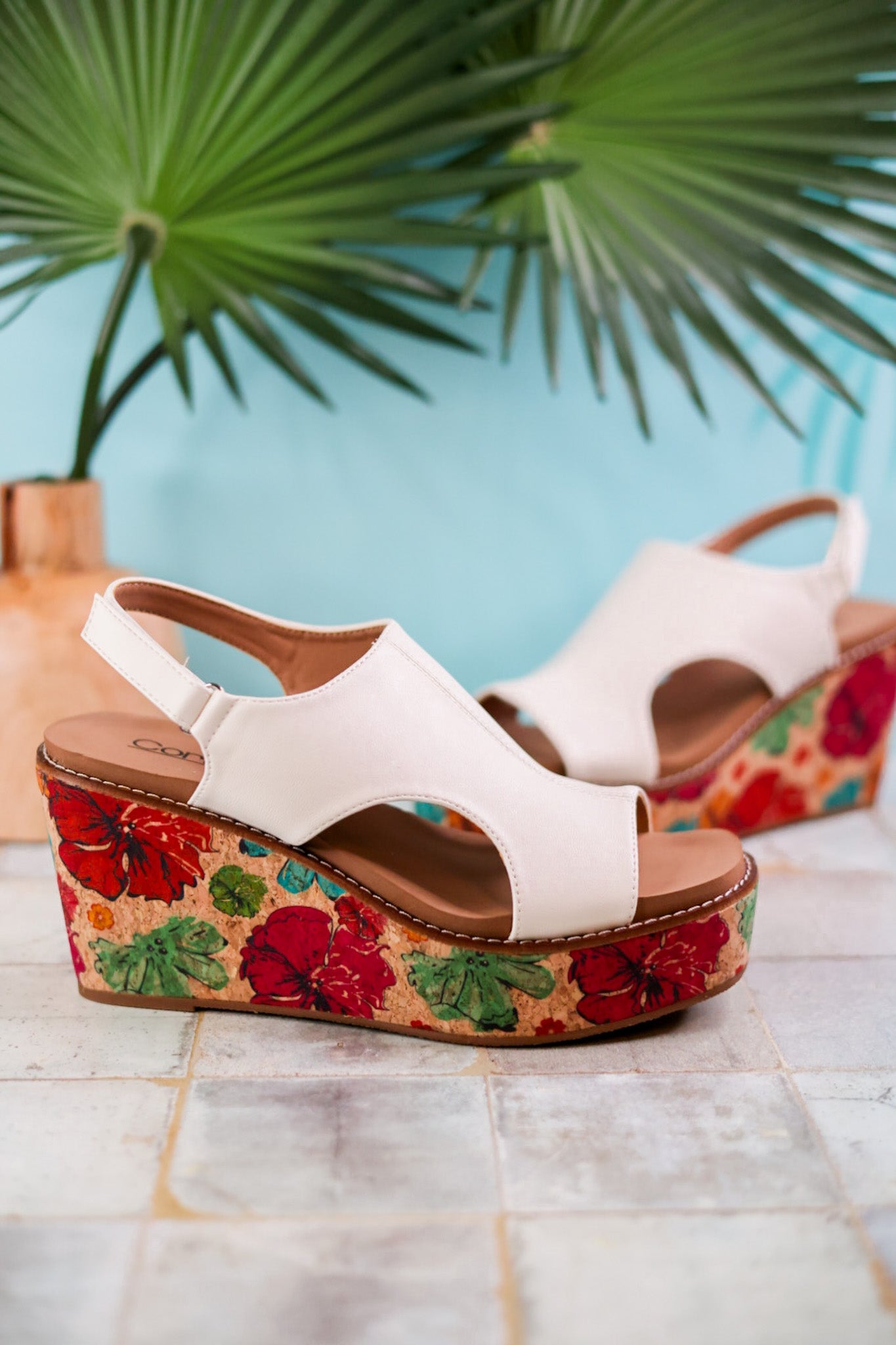 White Freddie Wedges with Floral Cork Heel - Whiskey Skies - CORKYS FOOTWEAR