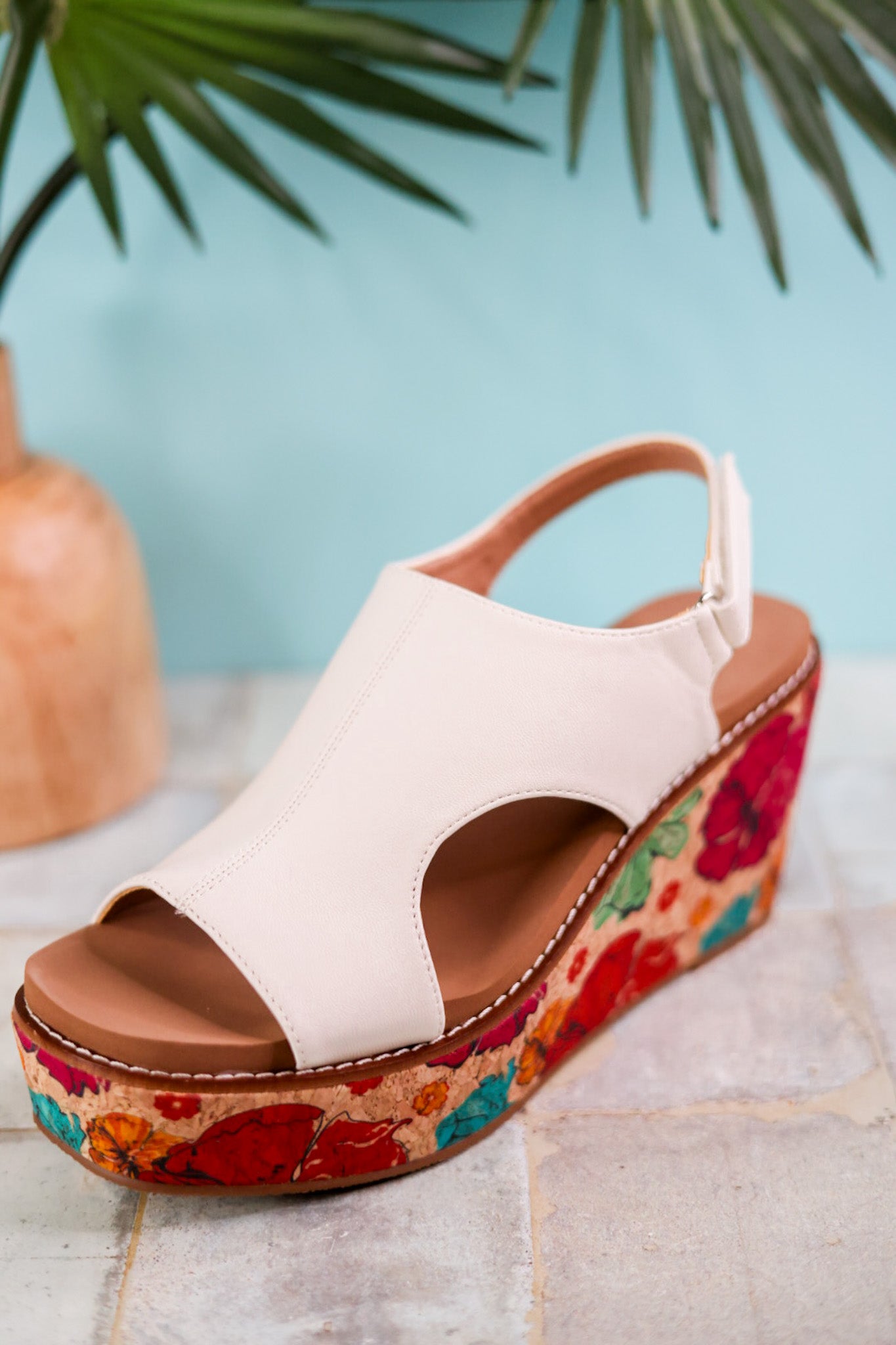 White Freddie Wedges with Floral Cork Heel - Whiskey Skies - CORKYS FOOTWEAR