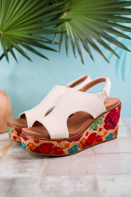 White Freddie Wedges with Floral Cork Heel - Whiskey Skies - CORKYS FOOTWEAR