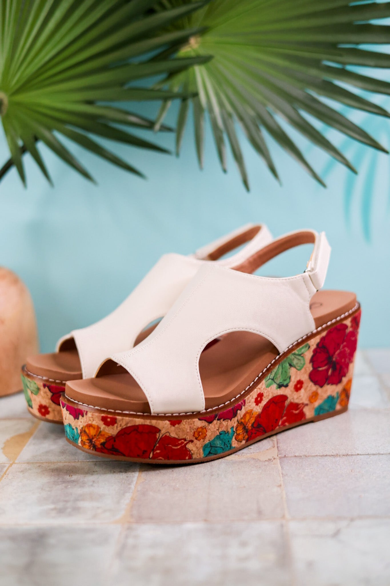 White Freddie Wedges with Floral Cork Heel - Whiskey Skies - CORKYS FOOTWEAR