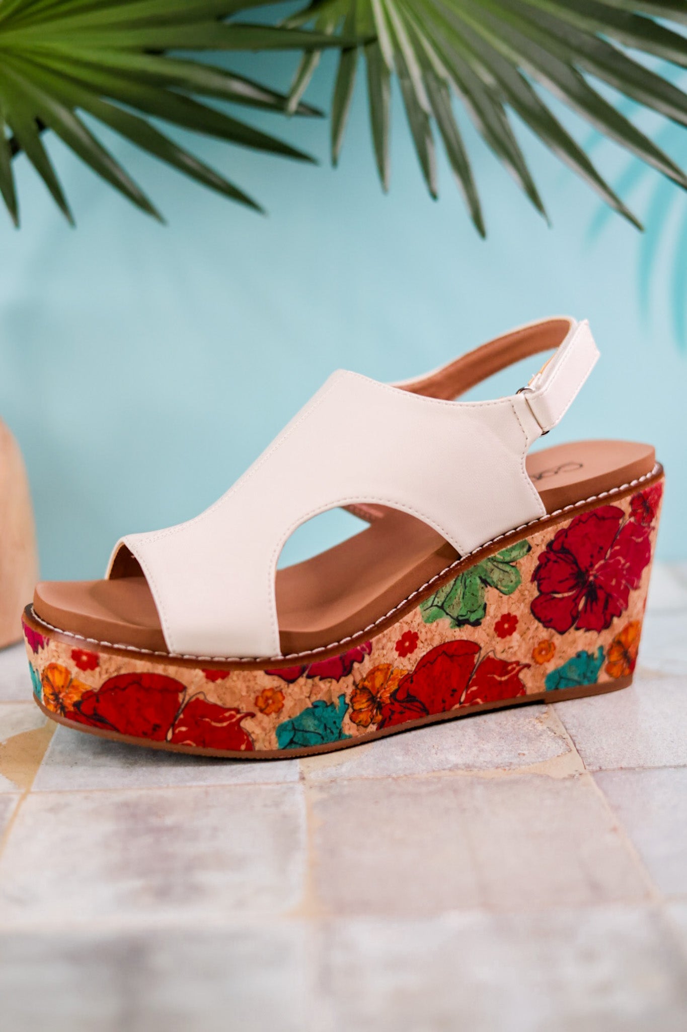 White Freddie Wedges with Floral Cork Heel - Whiskey Skies - CORKYS FOOTWEAR