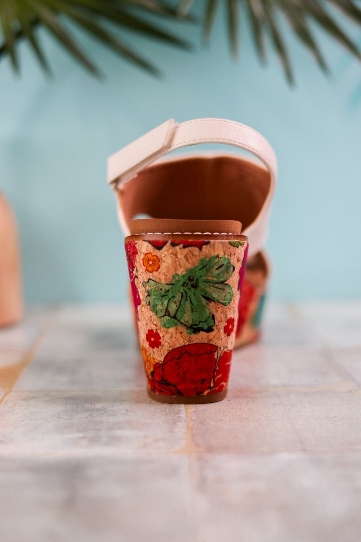 White Freddie Wedges with Floral Cork Heel - Whiskey Skies - CORKYS FOOTWEAR