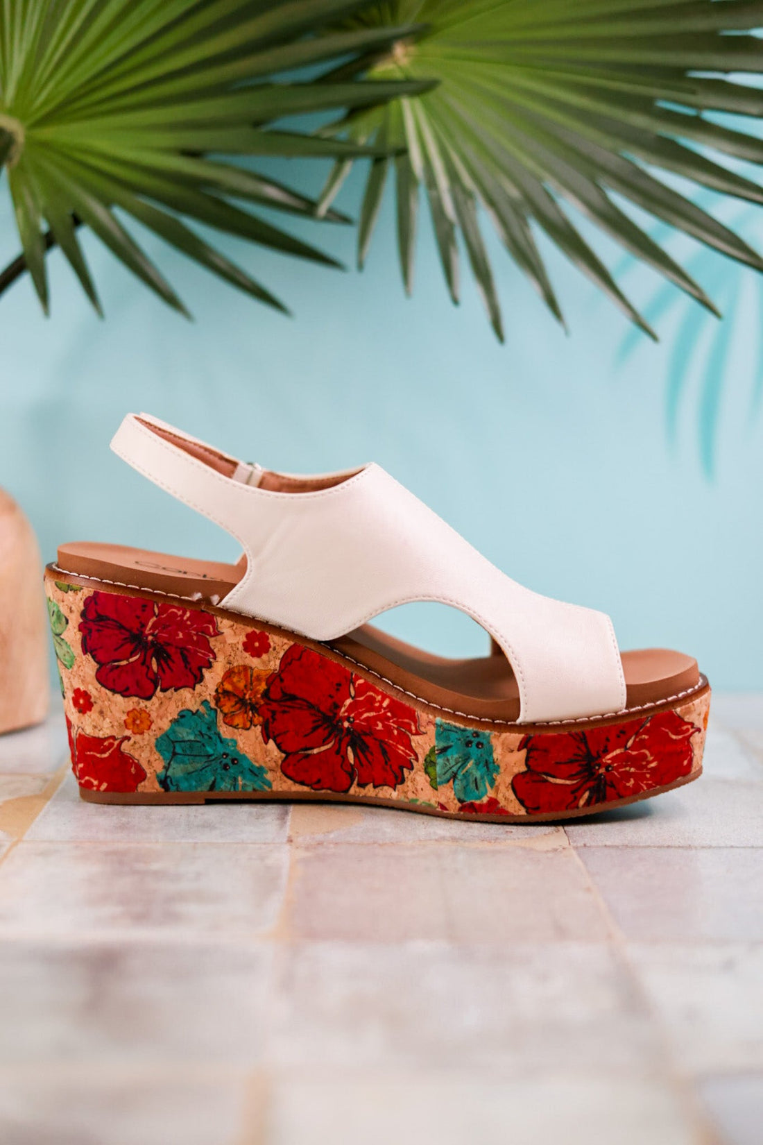 White Freddie Wedges with Floral Cork Heel - Whiskey Skies - CORKYS FOOTWEAR