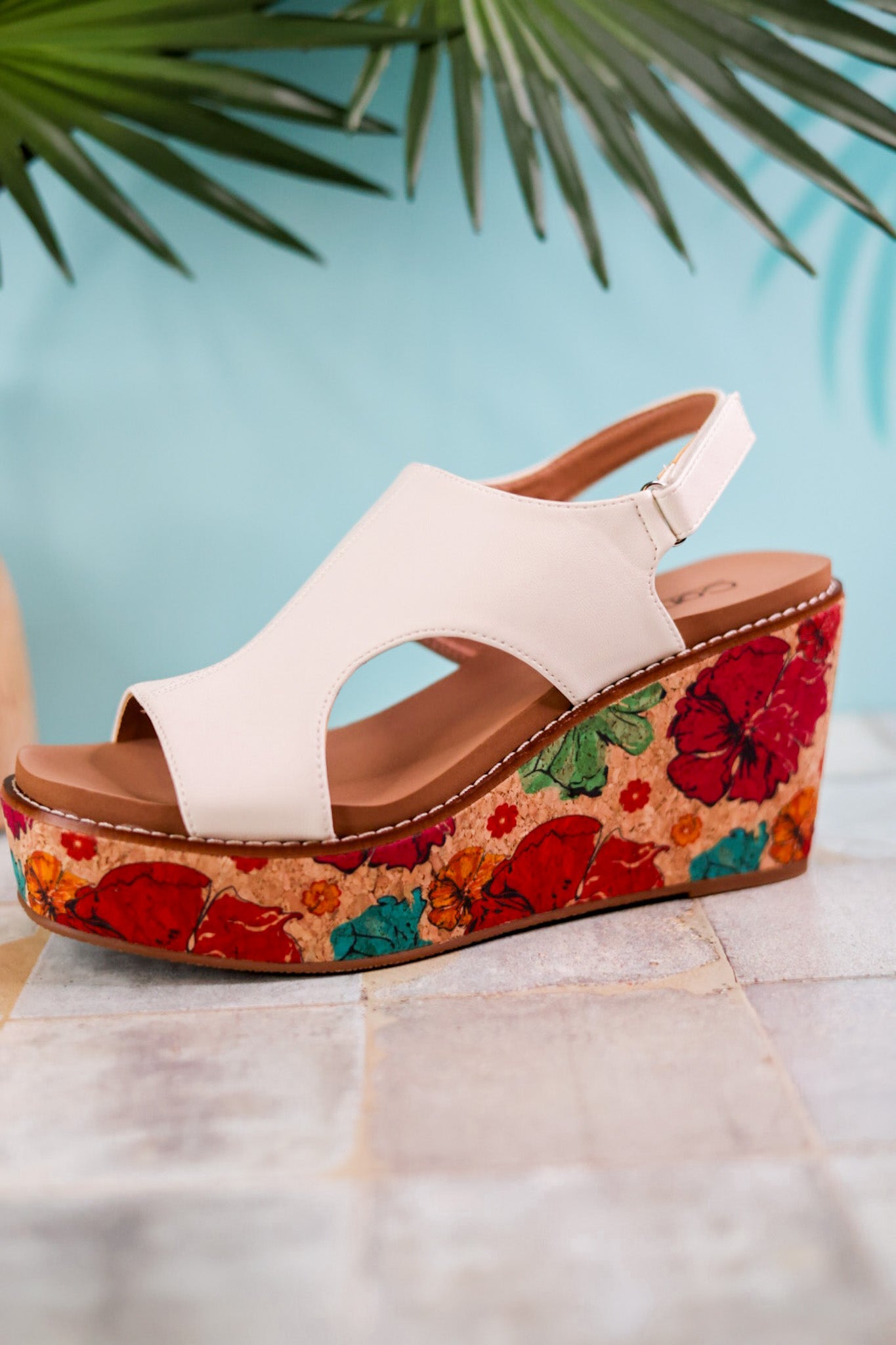 White Freddie Wedges with Floral Cork Heel - Whiskey Skies - CORKYS FOOTWEAR