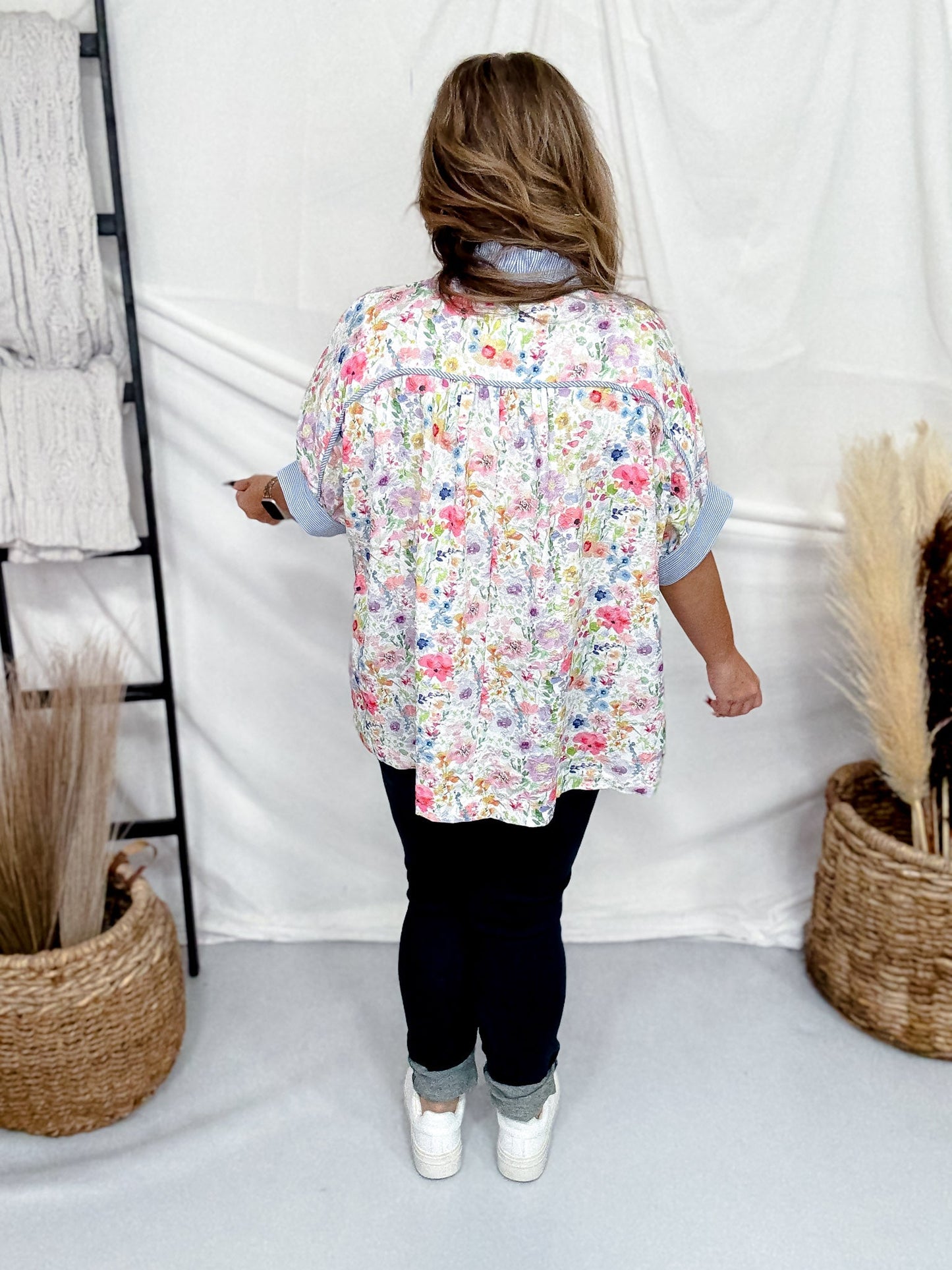 White Jacquard Floral Button - Down Top With Blue Trim - Whiskey Skies - UMGEE